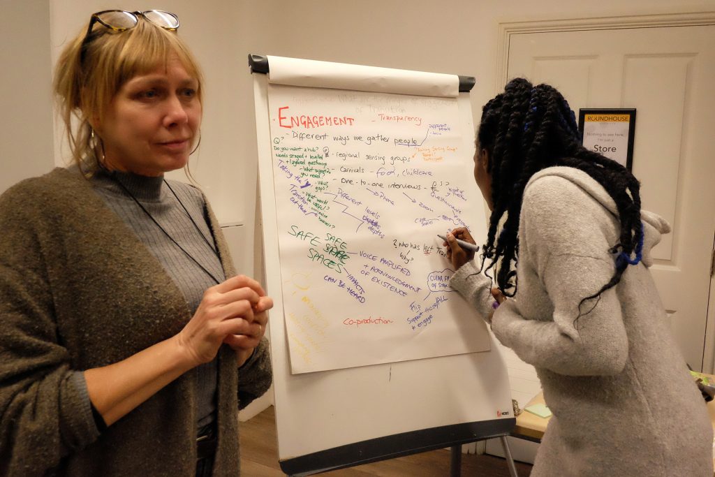 Monica, a tall black woman writes on a flip chart titled 'Engagement' while Kate, who is blond with glasses, stands beside.
