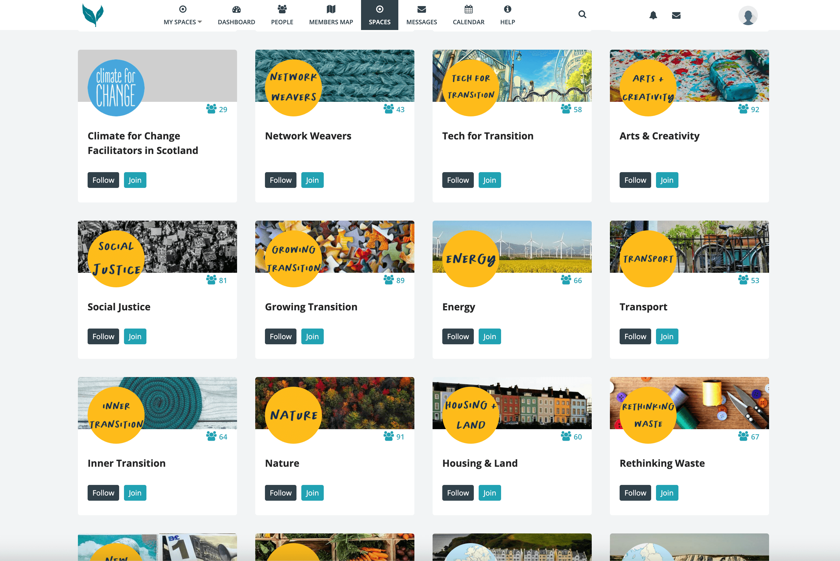 A screenshot of the Vive platform, showing a list of themed spaces, including food, new economy, nature and Inner Transition.
