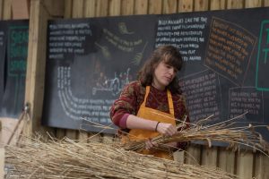 A volunteer sorts stalks of grain to be processed by hand. Behind her a blackboard details the how wheat becomes flour. Photo by Sheffield Wheat Experiment