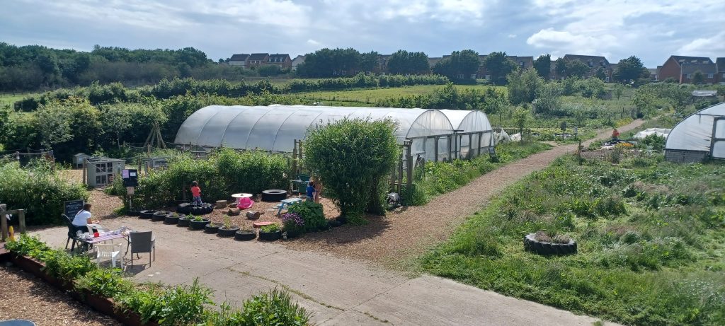A rooftop view of Greenslate Farm shows three polytunnels, veg beds, paths, trees and fields, with houses in the distance. 