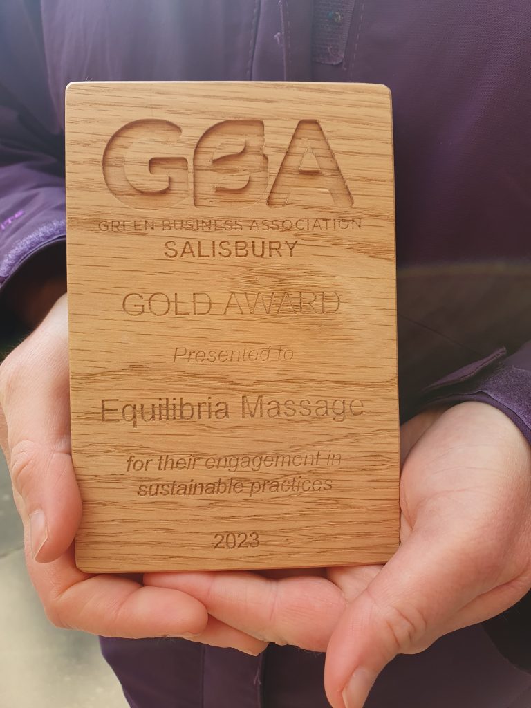 A close up of the wooden trophy which businesses are receiving, held in the hands of a recent recipient. It reads 'GBA Green Business Award Salisbury Gold Award, resented to Equilibria Massage for their engagement in sustainable practices. 2023"
