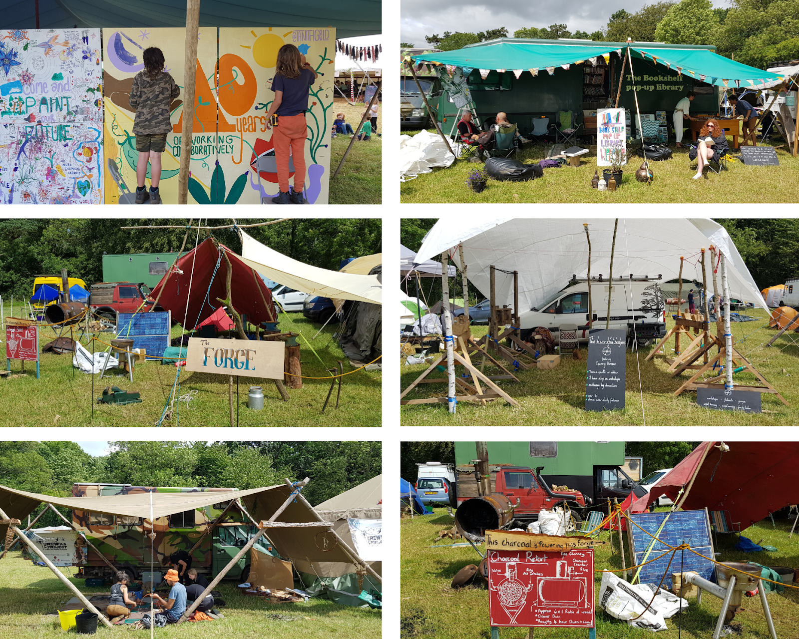 A collage of images of activities the Land Skills Fair. 1. Two children add to a colourful collaborative art wall
2. A mobile home with a large green awning fringed with bunting hosts the Bookshelf pop up library. People relax in deckchairs or browse the books. 
3. The Heartful Bodger, where participants could try their hand at spurtle and dibber turning using human-powered lathes. 
4. Another exhibit - the charcoal powered forge.
5. Participants seated on the ground crafting at the Rewild Project tent
6. The Forge.
