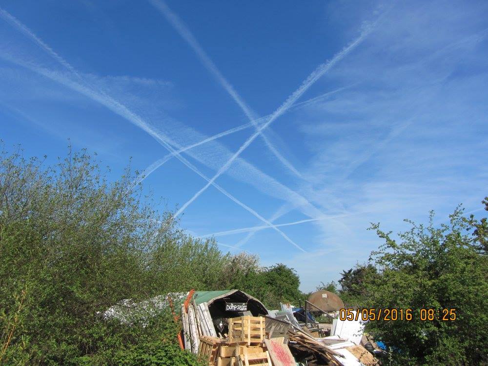 A hut for donated and reclaimed materials surrounded by trees and shrubs under a blue sky crisscrossed with vapour trails of overhead flights to and from the nearby Heathrow Airport. 